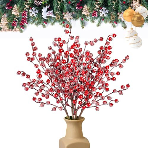 Bacche di Agrifoglio Rosse Finte,10 PCS Bacche Rosse Ghiacciate,Bacche Ghiacciate di Natale,Natale Decorazioni Artificiale,Holly Berry Red Natalizie