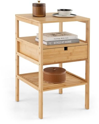 COSTWAY Nachttisch aus Bambus, 3-stufiger Beistelltisch mit Schublade und Lattenregal, Nachtkonsole für Boxspringbett, Nachtschrank Sofatisch für Schlafzimmer, Wohnzimmer, 40 x 40 x 68 cm