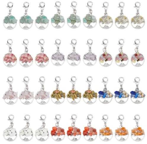 SUPERFINDINGS 36 Stück 12 Stile Lebensbaum Edelsteinanhänger Platin Mischsteinanhänger Mit Karabinerverschluss Rosenquarz Edelsteinanhänger Für Die Herstellung von Schmuck Und Schlüsselanhängern