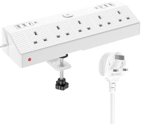 Desk Extension Lead with USB Slots，HAFINO 2PD 20W Fast Charger（8 USB Ports)，5AC Black 1.8M Desk Power Strip Extension Cable, Surge Protected Extension Lead for Home Office Accessories (White)