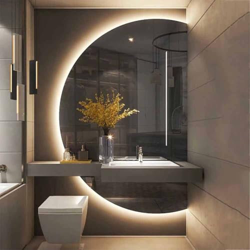 Decmiroor Specchio da Parete a LED Mezzaluna Irregolare con Luce, 130cm Semicerchio Specchio da Bagno Retroilluminato, 3 Colori di Luce Regolabile, Antiappannamento Specchio Cosmetico(Cut right,35x24