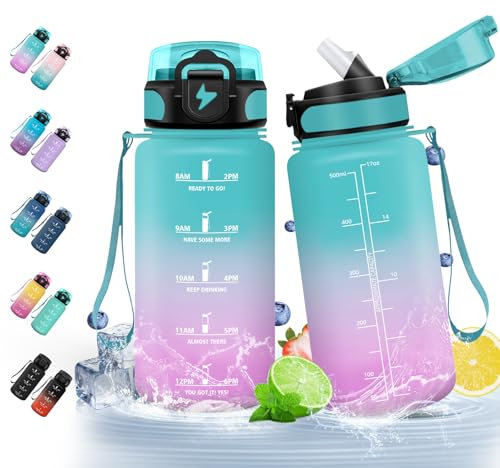 HoneyHolly Botella Agua, 500 ml con Pajita, Botella de Agua, Prueba de Fugas, Botella Agua Niños Colegio, Libre de BPA, Cantimplora para Niños, Deporte, Running, Gimnasio, Bicicleta