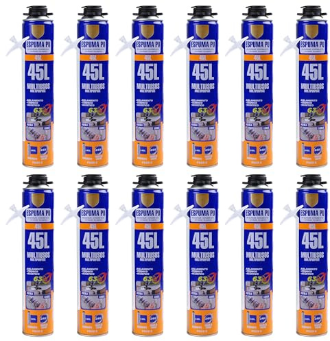 Espuma de Poliuretano 750ml con Cánula – Aislamiento Térmico y Acústico – Expansiva y de Secado Rápido – Para Construcción, Sellado y Reparación de Grietas, Pack de 12 unidades