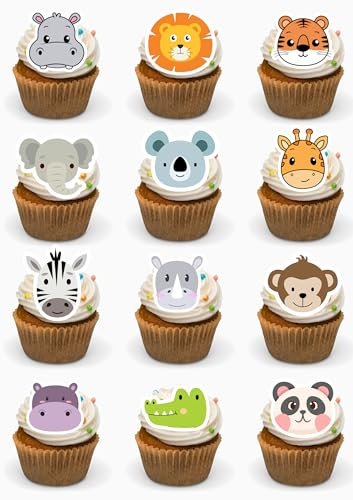 24 x Cute Animal Faces Edible Premium Wafer Card PRECUT Cupcake Toppers Cake Decorations Jungle Safari Animals
