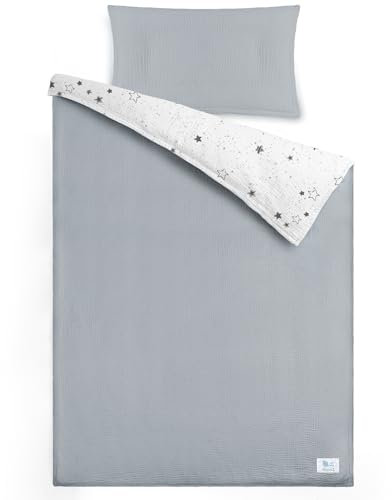 lulumoon Musselin Kinderbettwäsche 100x135: Bettbezug 100x135 + Kissenbezug 40x60cm aus Baumwolle – Leicht und Komfortabel Bettwäsche Set für Baby Kinder (Tiefer Grauer Stern, 100x135 + 40x60 cm)