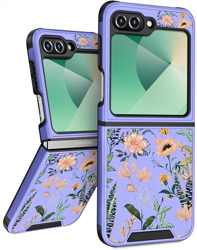 Funermei for Samsung Galaxy Z Flip 6 Case - Women Girls Cute Phone Cover Girly Pretty Aesthetic Purple Floral Flower Unique Design with Camera Cover Funda for Samsung Flip 6 Case