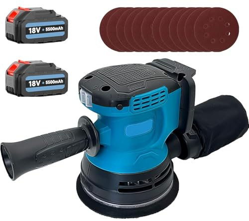 Bürstenloser Akku Exzenterschleifer, Ersetzen für Makita 18V Akku,Neue Upgrades mit 2 x 5.5AH Akku, 12 Schleifpapierblättern, 3 Leistungsstufe(7500-15000 U/min),Zum Schleifen und Polieren Von Metall