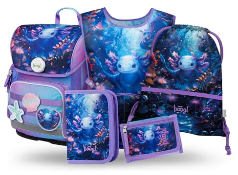 Baagl Schulranzen Mädchen Set 5 Teilig (Ergo Schultasche für 1. Klasse, Mäppchen, Turnbeutel, Schürze, Brustbeutel), Grundschule Ranzen, Ergonomischer Schulrucksack, 19 l (Axolotl)