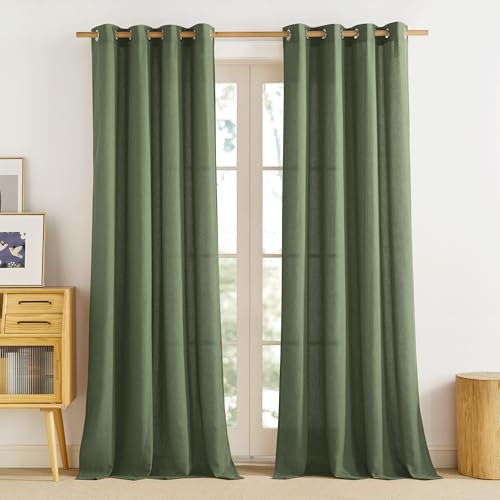 PONY DANCE Leinen Gardinen mit Ösen Wohnzimmer Vorhänge Modern 2er Set H 245 x B 140 cm Leinenoptik Vorhang Halbtransparent Semi-Sheer Linen Curtains for Bedroom, Matcha Grün