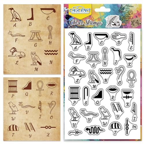 CHGCRAFT Ägyptische Alphabet Symbole Clear Briefmarken 26 Buchstaben Transparente Briefmarken Klare Silikon Stempel Siegel für Carding Making DIY Scrapbooking Fotoalbum Dekoration, 4,3x6,3 Zoll