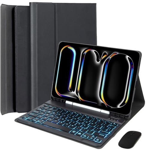 EHLCYS Funda con Teclado para iPad 9.7 2018 (6ª Gen) 2017 (5ª Gen) iPad Pro 9.7 iPad Air 2 & 1, Español Ñ Teclado Extraíble con Retroiluminación 7 Colores, Soporte para Lápiz Y Ratón,Negro