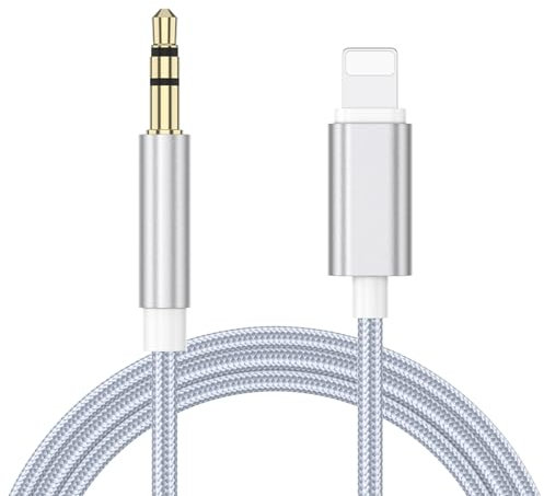 Tobfit AUX Kabel für iPhone 1M, Lightning auf 3.5mm Aux Audiokabel Nylon für iPhone 14 13 12 11 Pro/Pro Max/10/8/plus/7/X/XS/XR/SE,für Auto/Kopfhörer/Lautsprecher(Silberweiß)