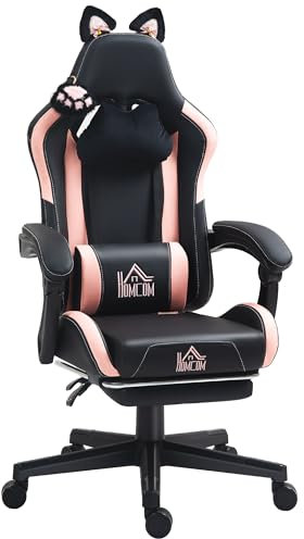 HOMCOM Gaming Chair for Adults with Cat Ears, Faux Leather Reclining Computer Chair with Footrest, Lumbar Support and Headrest, Height Adjustable Swivel Seat, Black