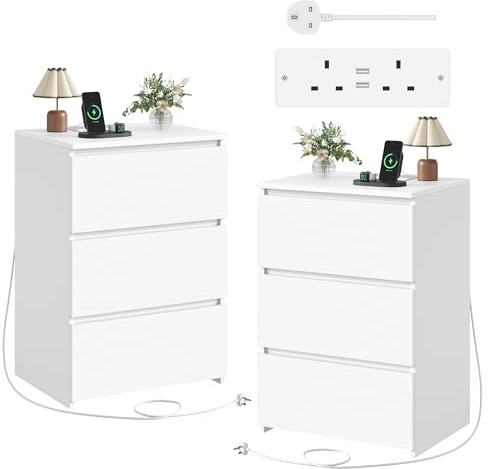 FirFurd Nachttisch 2er Set mit Steckdose, Beistelltisch Nachtschrank Kommode mit 3 Schubladen & 2 AC-Steckdosen & 2 USB-Anschlüsse Schubladenschrank für Schlafzimmer Wohnzimmer 45 x 38 x 66 cm weiß