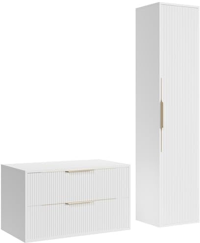 Badplaats Waschbeckenunterschrank Rimini 80 x 46 cm Weiß Matt - Hängender Badezimmerschrank mit 2 Schubladen und Hochschrank