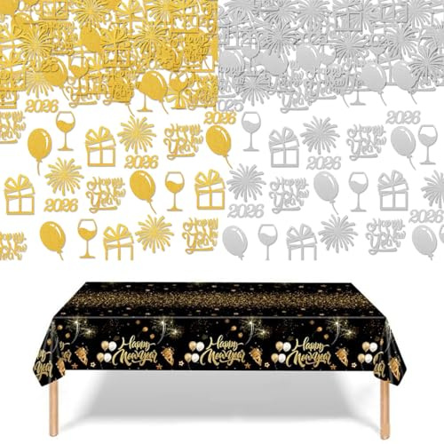 HSYTEK 100 Stück Silvester Deko, 2026 Konfetti Tischdeko, Happy New Year Deko, Streudeko Silvester mit Silvesterparty Tischdecke für Neujahr, Partygeschenke, Dekorationen (Gold + Silber)