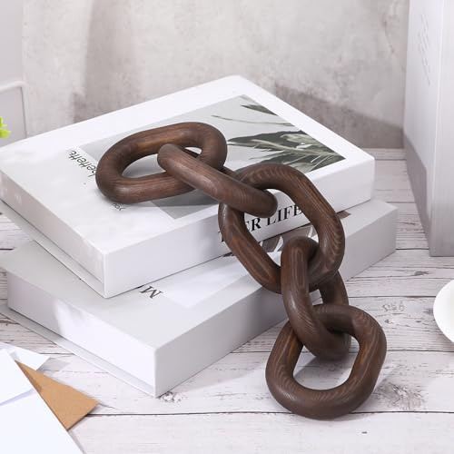 Queekay 5 Link Wood Chain Decor Hand Carved, Dark Walnut, 13.78 Inch | Rustic Farmhouse Chain Link Ornament for Bookshelf, Coffee Table, Mantel, Tiered Tray, Wooden Decorative Accent