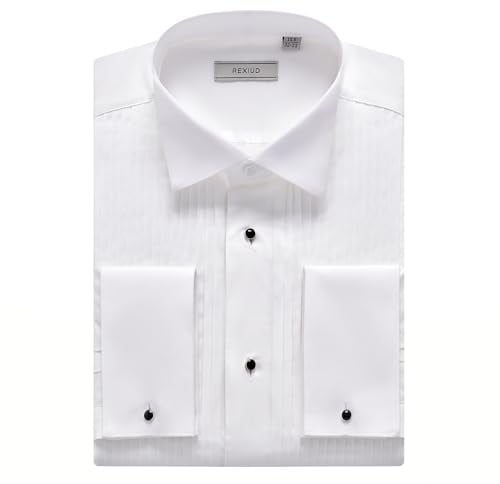 REXIUD Men's Tuxedo Shirt – Wing Collar, French Cuffs, Pleated Bib Front, Stretch Formal Dress Shirt, Long Sleeve White (UK, Neck & Sleeve, 17.5, 34, 35, Regular, Regular)