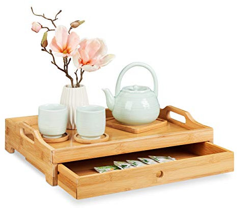 Relaxdays, Naturale Vassoio da Portata in bambù, tiretto Estraibile, tavolino da Colazione con Manici, HLP: 10x43x31 cm, Fibra di Legno, 1 Pz