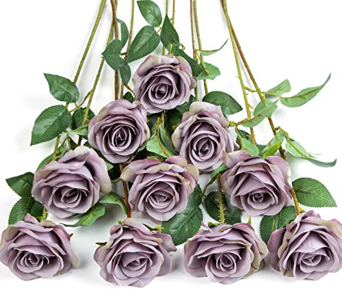 DuHouse 10er Set Künstliche Rosen aus Seidenstoff – 54 cm Lange Stiele, Realistische Fake Blumen für Hochzeit, Brautstrauß, Party Tischdekoration & Haus Dekor(Herbst Lila)