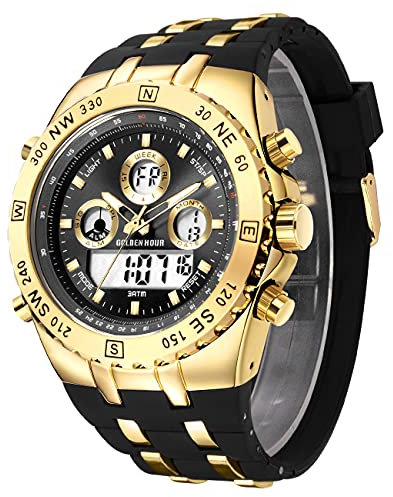 Herren Militär Sportuhren Digitale wasserdichte Analoguhr mit Datum, Alarm, Leuchtet, Stoppuhr, Große Armee-Armbanduhr für klobige Männer (Gold Schwarz)