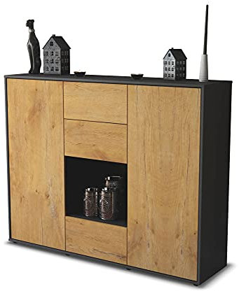 Stil.Zeit Highboard Kommode Nora, Korpus anthrazit matt, Front Holz-Design Eiche (136x108x35cm), Push-to-Open Technik & Leichtlaufschienen