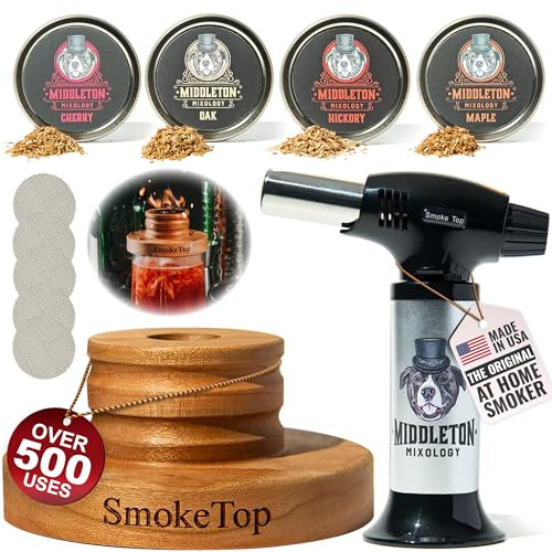 SmokeTop Kit fumoir à cocktail et torche avec copeaux de bois de cerise, d'hickory, d'érable et de chêne – Kit fumoir à cocktail et copeaux pour cocktails à l'ancienne, whisky et bourbon – Sans butane