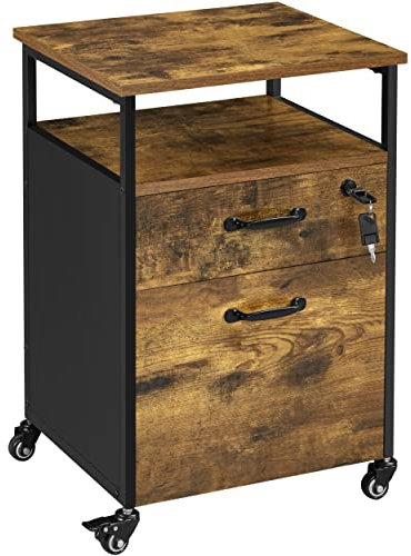 Yaheetech Rollcontainer mit 2 Schubladen, Aktenschrank, offenes Fach, Büroschrank mit Rädern, mobil, Abschließbarer Rollschrank, stabiles Stahlgestell, Industrie-Design, Vintagebraun + Schwarz