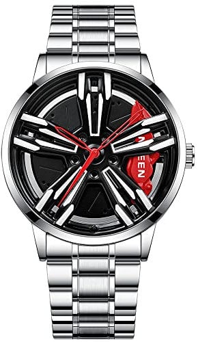 MIDYUID Herrenuhren Auto Felge Nabe Uhr Hohl Stereoskopische Rad Mode Sport Quarzuhr für Männer Geschenke Armbanduhren (Red-05)