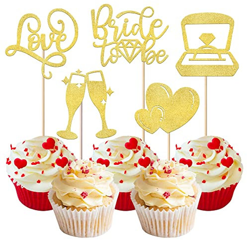 Xsstarmi 30 Pack Bride to Be Cupcake Toppers with Love Heart Ring Champagne Bridal Shower Cupcake Picks for Wedding Engagement Bachelorette Hen Party Cake Decorations Gold