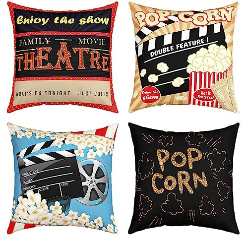 Kino Wurf Kissenbezüge für Couch Schlafsofa, 4er Set Kino Dekor Dekokissen, Film Nacht Kissen Inserts Nicht enthalten, Popcorn Kissenbezüge 40x40cm Sofakissen Kopfkissenbezug Couchkissen