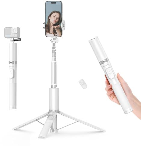 ATUMTEK 160cm Trípode Palo Selfie, Selfie Stick con Remoto para iPhone, Teléfonos Android y Cámaras de Acción, Soporte de Trípode para Teléfono de Aluminio con 2 Zapata Fría para Luz y Mic, Blanco