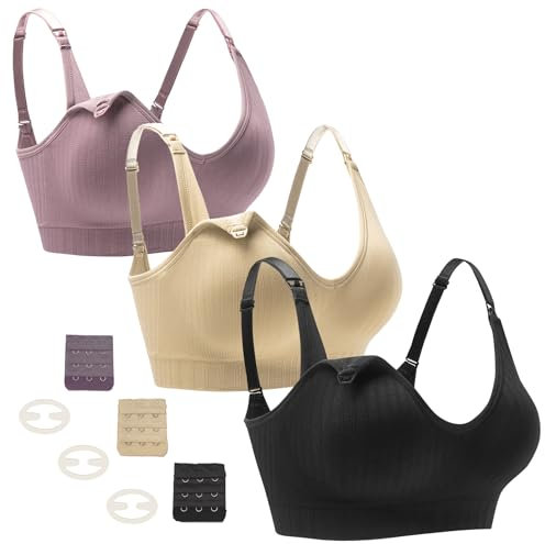 Seitop Lot de 3 soutiens-gorge d'allaitement pour allaitement, col en V, soutien-gorge de maternité sans couture pour femme avec rallonges supplémentaires, Noir/Nude/Violet, Taille L