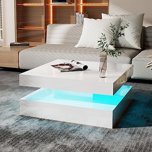 KEEPREAPER Couchtisch Wohnzimmertisch weiß Hochglanz, Sofatisch mit LED Beleuchtung modern für Wohnzimmer, 78 x 78 x 35,5 cm (Weiß-CT20)
