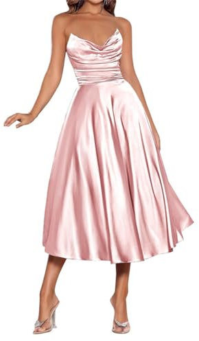 Robe de bal en satin avec poches pour femme - Longueur thé - Rose pâle - Taille 38