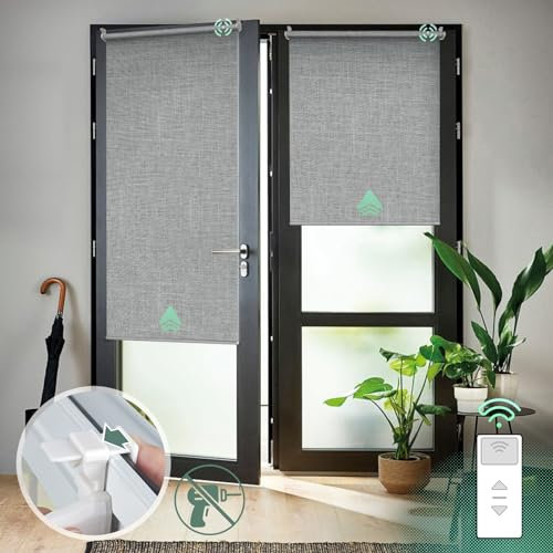 Yoolax Elektrische Rollos mit Motor& Fernbedienung, Klemmfix Rollos für Fenster Ohne/Mit Bohren,Smart Rollo Nach Maß(100% Verdunkelung Stoff Rauchig Grau)