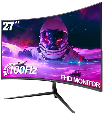 CRUA Monitor Curvo 27 Pollici FHD 1080P, 100Hz con FreeSync, 1ms, Eye-Care, HDMI/VGA, VESA, Senza Cornice, Schermo PC Gaming 1800R per PS5/Xbox/Lavoro/Ufficio