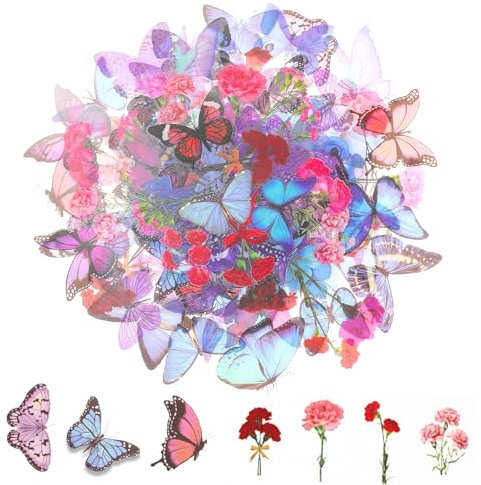 120 Transparente Scrapbooking Aufkleber, PET Blumen Schmetterling Aufkleber Sticker, Flower Stickers, Blumenaufkleber für Scrapbook Fotoalbum Sammelalbum Laptops Handwerk