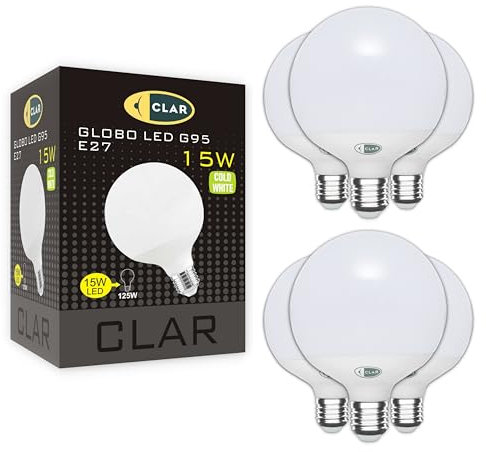 CLAR - Lampadine Grandi A Palla, Lampadina Led E27 Sfera Grande, Globo LED 15W E27, Luce Fredda 6000ºK (Pack 6)
