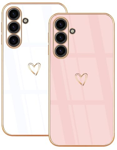 Lonrapa 2 Stück Hülle für Samsung Galaxy A16 5G Handyhülle Süße Herz Muster Motiv für Mädchen Frauen Farbe Galvanisierte TPU Silikon Stoßfest Schutzhülle Galaxy A16 4G Phone Case Cover - Weiß & Rosa