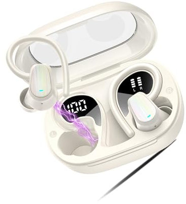 OYIB Wireless Earbuds, 2025 Bluetooth 5.4 Headphones HiFi Stereo Sound with 4 ENC Mic, 50H Playtime Wireless Headphones with Earhooks, LED Display, IP7 Waterproof Earphones for Sport/Gym, White
