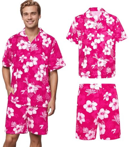 Mens Casual Hawaiian Shirts, Summer Hawaiian Short Sleeve Shirt Set with Shorts, Tropical Flower Shirt, Holiday Beach Parties (Rose red, L)