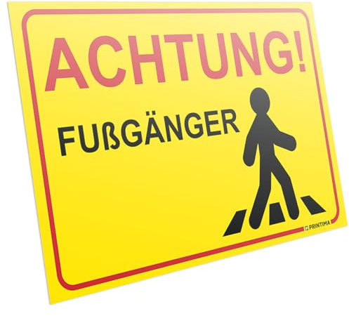 PRINTIMA PVC Schild „ACHTUNG! FUßGÄNGER“ 32x21cm – Warnschild mit Piktogramm & Montagedübeln – Wetterfeste Hinweistafel zur Kennzeichnung von Fußgängerzonen