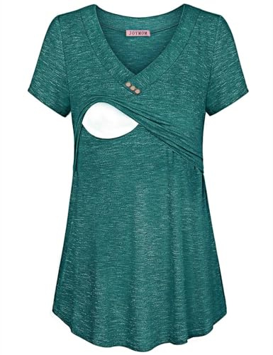 Joymom Pregnancy,Women Lovely Nursing Tops V Neck Shorts Sleeve A Line Flowy Maternity Breastfeeding Shirts Elastic Attractive Modern Fashion Feeding Tunics Dark Cyan S