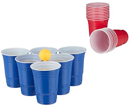Relaxdays Lot de gobelets de bière-Pong, Set de Beer Pong avec 6 balles, 50 Verres, Jeu à Boire, 16 oz, Rouge/Bleu
