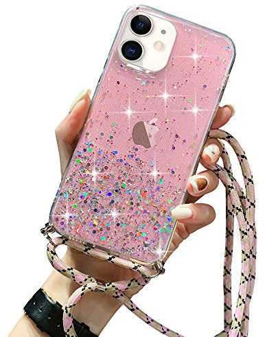 LCHULLE Handykette Handyhülle für iPhone 12/iPhone 12 Pro Hülle mit Kordel Umhängenhülle Necklace Hülle mit Band Schutzhülle Transparent Silikon Case für iPhone 12/iPhone 12 Pro Rosa