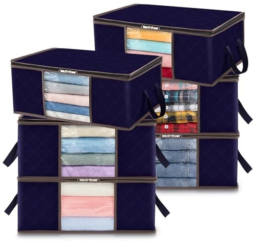 Lifewit 35L Clothes Storage Bag Foldable Storage Boxes with Lids Underbed Wardrobe Storage Organiser with Sturdy Fabric Clear Window for Clothing Bedding Sweaters T-shirts Blankets, 6 Pack, Blue