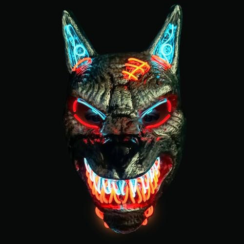 Maschera LED Uomo Lupo | Plastica Rigida | 3 modalità Lampeggianti | Maschera LED di Halloween | Neon | 100% Orrore | 100% Divertimento