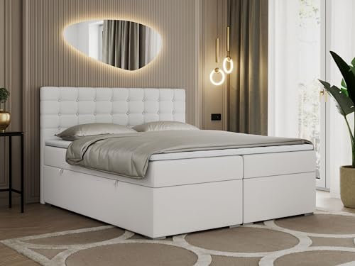 MKS MEBLE Boxspringbett Weiß 180x200, Polsterbett 180x200 mit Bettkasten, Bett 180x200 mit Multipocket-Matratze H3, Boxspringbett 180x200 mit Kopfteil und Topper - H3 Weiß Kunstleder - Susan