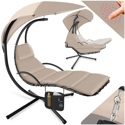 TecTake® Bain de Soleil Suspendu Siege Suspendu avec Support Fauteuil Confortable avec Parasol, Matelas, Protection UV et Poche latérale pour Salon de Jardin Exterieur ou Intérieur